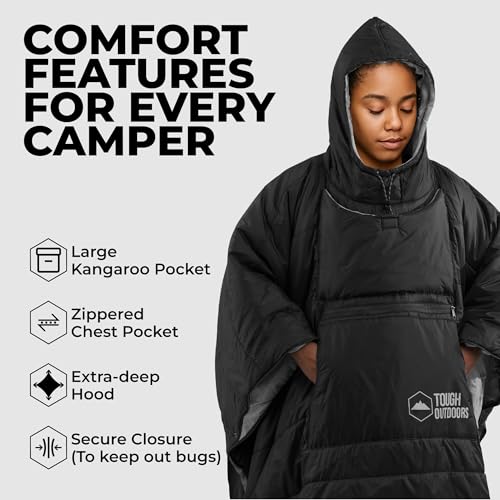 Tough Outdoors 5 in 1 Camping Poncho - Packable Blanket - Wearable Sleeping Bag Adult - Sleeping Bag Poncho - Waterproof