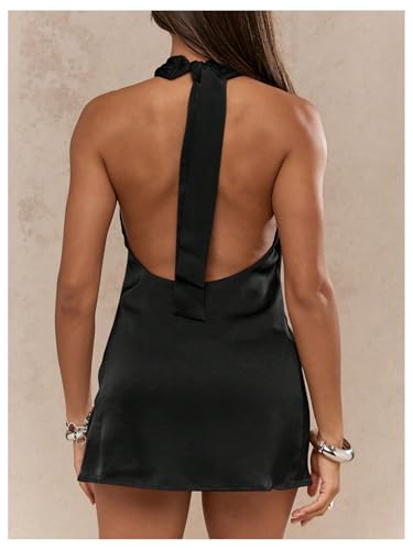 SOLY HUX Women's Satin Halter Dress Tie Backless Criss Cross Mini Cocktail Party Dresses