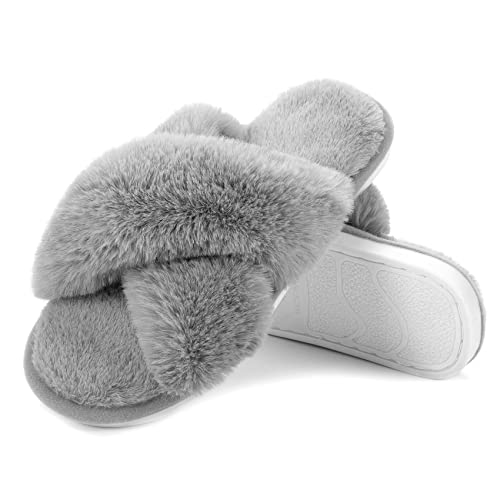 Metog Women's Fuzzy Cross Band Indoor/Outdoor Soft Open Toe Slippers