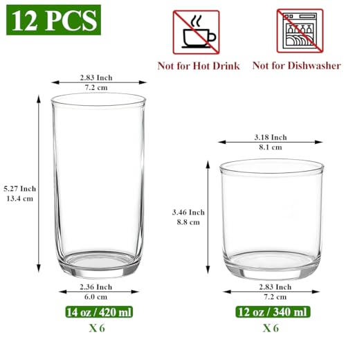 Kyraton Drinking Glasses Set of 12, PET Clear Plastic Highball Glasses 14oz & Whisky Cocktail Glasses Set 11.5oz, Heavy Du...