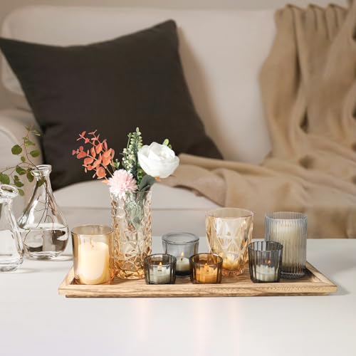 Rustic Wooden Tray with 8 Brown Glass Votive Candle Holders, Decorative Tea Light Holder Set for Mantel, Centerpiece, Dini...