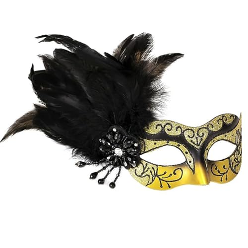 Masquerade Mask for Women Shiny Venetian Mask for Halloween Mardi Gras Costume Party Ball with Feather flower dec.