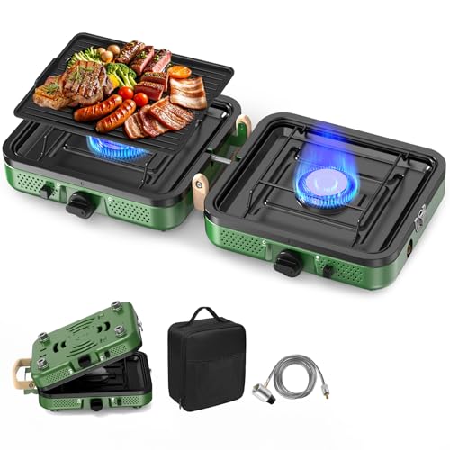 2 Burner Camping Stove, 20000 BTU Propane Camp Stove Portable Folding Gas Travel Stove Camping Essentials Gears Includes G...
