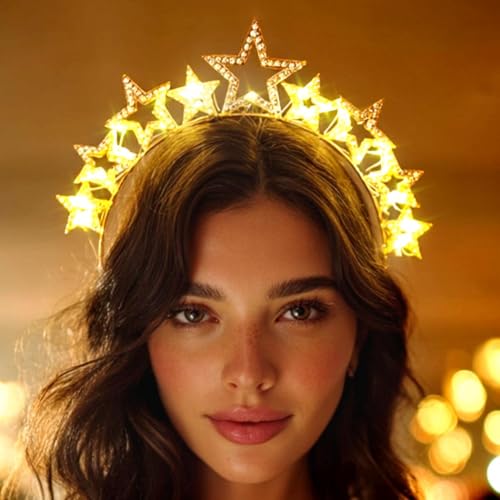 DRESBE Light Up Star Headband New Year Rhinestone LED Headbands NYE Glow Party Hair Accessories for Women (Gold)