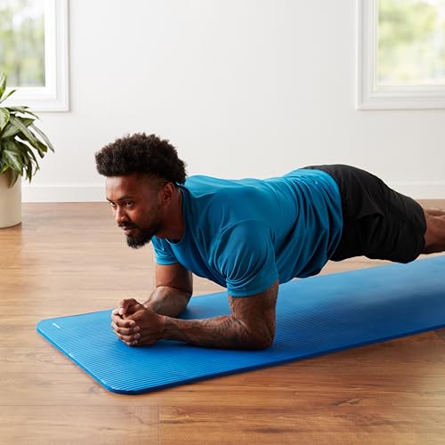 Amazon Basics 1/2 Inch Extra Thick Exercise Yoga Mat with Carrying Strap, Cushioned Support, for Fitness and Gym Workouts, Blue