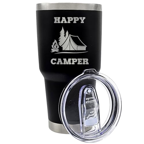 Palm City Products Premium 30 oz Happy Camper Black Tumbler with Slider Lid - Stainless Steel Camping Tumbler for Adventur...