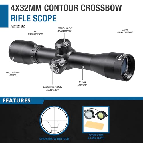 Barska 4x32mm Contour Crossbow Scope ? Multi-Point Aiming, 1-Inch Tube, Windage/Elevation Turrets, Long Eye Relief, Lightweight, Durable, for Crossbows, Deer Hunting, Target Practice