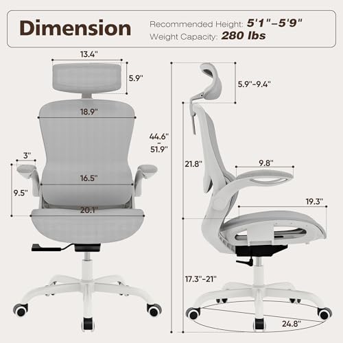 GABRYLLY Ergonomic Mesh Office Chair- White Desk Chair, Flip-Up Armrest, Adjustable Headrest, Tilting with Soft Seat and P...
