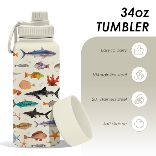 Gifts for Men 34oz Fish Water Bottle, Fisherman Tumbler with Spout Lid, Leak Proof Vacuum Insulated Stainless Steel Cup Tr...