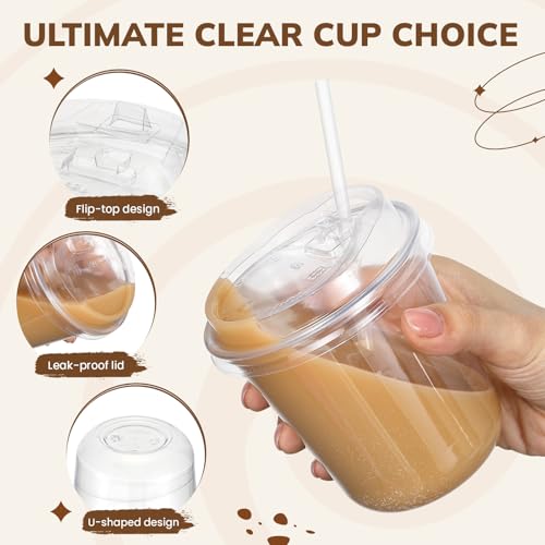 Ziliny 100 Pcs 12oz Clear Plastic Cups with Lids and Straws, Disposable Iced Coffee Drink Cups, Plastic Cup for Iced Coffe...