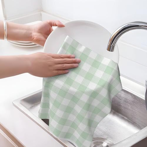 Novastar Kitchen Towels - Soft Absorbent Quick Towels for Kitchen Drying, Light Green White Checkered Print Drying Dish Hand Towel for Home Decor with Lanyard