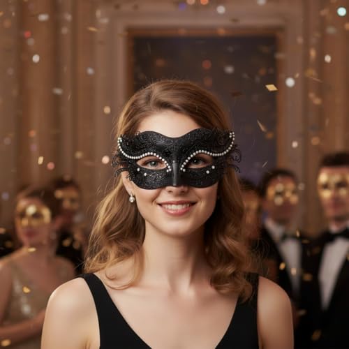 BCARICH 2025 New Masquerade Mask for Women, Metal Filigree Venetian Mask with Sparkle Rhinestone for Mardi Gras