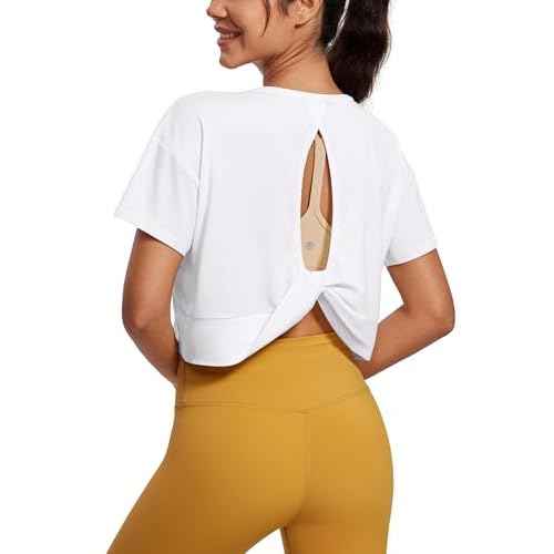 CRZ YOGA Open Back Short Sleeve Crop Top for Women Loose Athletic Yoga Workout Shirts Casual Cropped T-Shirts