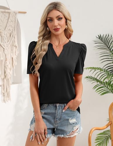 Zeagoo Women Blouses Puff Short Sleeve Tops V Neck Dressy Casual Spring Shirts Boho Floral Cute Clothes 2026