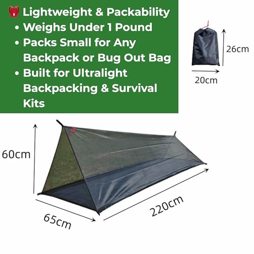 Ultralight 1-Person Bug Bivy Tent – No-See-Um Mesh Shelter with Waterproof Floor for Backpacking, Camping, Bushcraft, Surv...