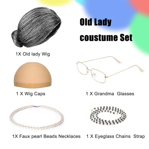 VersaCharm Old Lady Wig Costume for Women,100 Days of School Costume for Kids Girls,Grandma Granny Costume Wig for Hallowe...