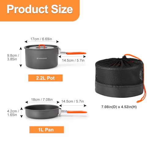 Odoland Camping Cookware Mess Kit, Non-Stick Lightweight Camping Pot and Fry Pan Set with Mesh Bag for Backpacking, Outdoo...