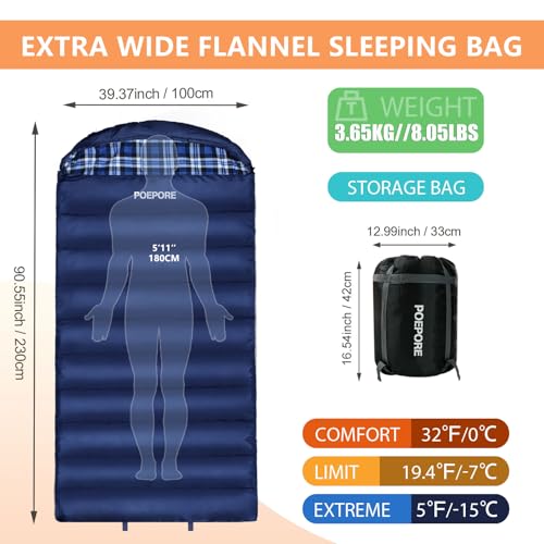 POEPORE 0 Degree Sleeping Bag 100% Cotton Flannel XXL Cold Weather Winter Oversized Sleeping Bag for Adults Camping Zero D...