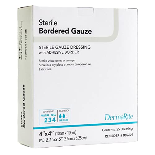 DermaRite's Sterile Bordered Gauze Dressing with Adhesive Border - Flexible Non-Linting Material, First-Aid, Individually Packaged - 4 in. x 4 in., 1 Count, 25 Packs, 25 Total