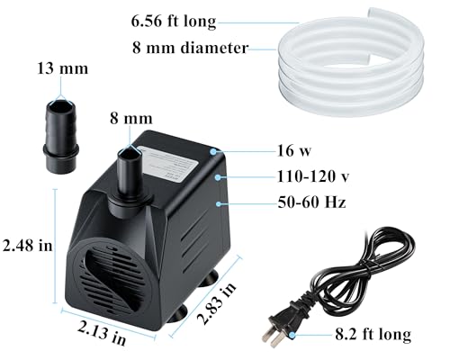 alizzy 210GPH Small Submersible Water Pump(800L/H, 16w), Ultra Quiet Water Fountain Pump with 4.9ft High Lift and 8.2ft po...