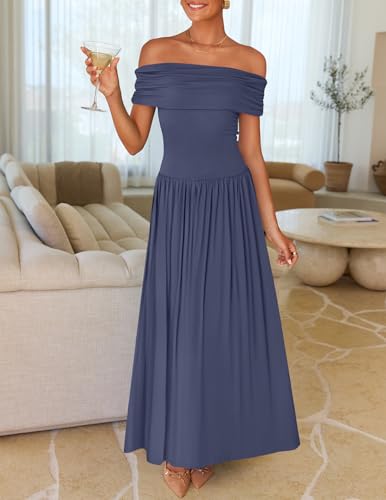 ZESICA Women's Off The Shoulder Maxi Dress 2026 Summer Sleeveless Casual Slim Swing Pleated Formal Party Dresses