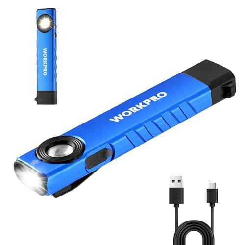 WORKPRO Rechargeable Work Light, 600 Lumens Flat Pocket Flashlight with UV Light, Magnetic Base & Clip, Slim LED EDC Flashlight for Garage, Camping, Home, and Emergencies