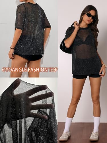 OYOANGLE Women's Sparkle Glitter Sheer See Through Top Short Sleeve Loose Casual Shiny Tshirt Mesh Shirt Blouse
