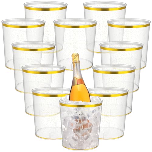 Acellegic 12 Pcs Ice Buckets Bulk, 6 Liter Plastic Round Ice Buckets with Gold Rim and Glitter, Disposable Storage Drink T...