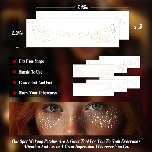 Glitter Freckles Face Tattoo 6 Sheets Face Makeup Patches Gold & Silver Star Fake Freckles Cute Glitter Makeup Accessories...