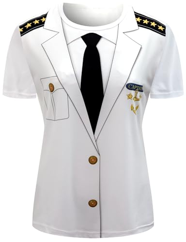 Funny World Women's Captain T-Shirt Graphic Short Sleeve Yacht Party Costume