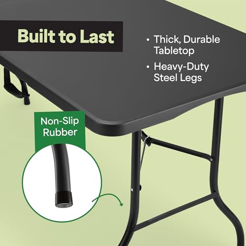 EconoHome Black 6ft Folding Table with Handle | Heavy-Duty Foldable Table | Portable Table for Indoor & Outdoor Use | Perf...