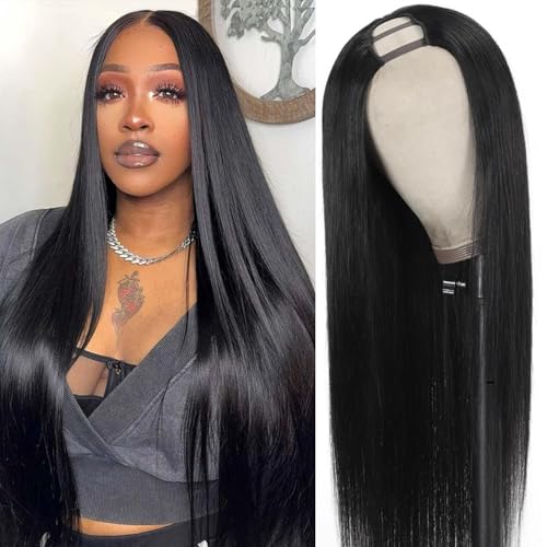U Part Wigs With Drawstring for Women Straight Human Hair Wigs 200% Density U Part Human Hair Wigs Can Be Dyed and Bleached(#1B Natural Black, 20 inch)