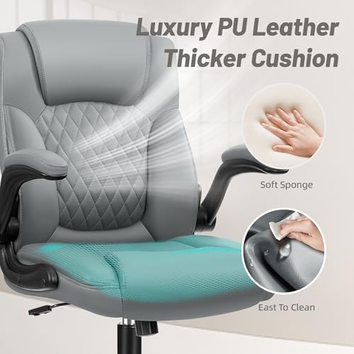 HeroSet Leather Office Chair, Ergonomic Home Office Desk Chair with Adjustable Flip-Up Arms and Lumber Support, Computer C...