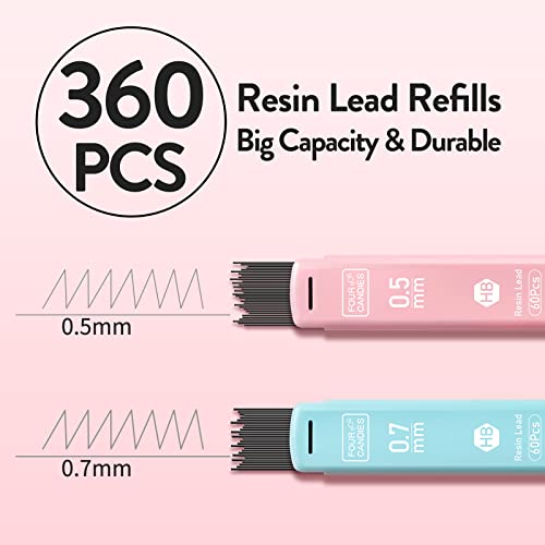 Four Candies Cute Mechanical Pencil Set, 6PCS Pastel Mechanical Pencils 0.5 & 0.7mm with 360PCS HB Leads, 3PCS Erasers and...