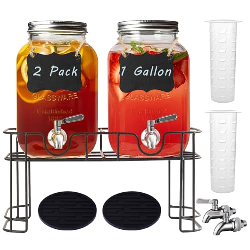 Ltzmcmy 1 Gallon Glass Drink Dispensers for Parties,2 Pack Beverage Dispenser with Stand and Stainless Steel Spigot,Glass ...