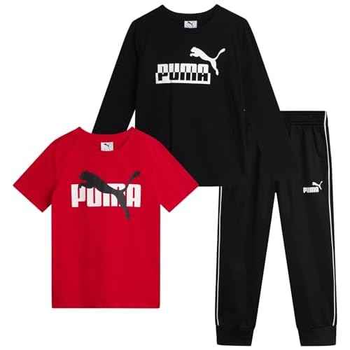 PUMA Toddler Boys Pants Set - 3 Piece Short Sleeve T-Shirt, Long Sleeve T-Shirt and Tricot Pants - Boys Activewear Set, 2T-7