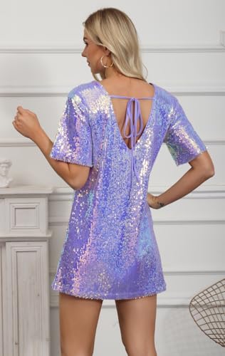 ENOPINK Women's Crew Neck Sequin Dress for Women Sexy V Neck Shirt Dresses Sparkly Shift Mini Dress