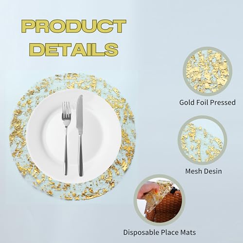 Snowkingdom Gold Placemats Set of 50 Round 13 Inch Foil Mesh Pressed Bulk Disposable Fall Table Mates 50 Pack Gold Doilies...