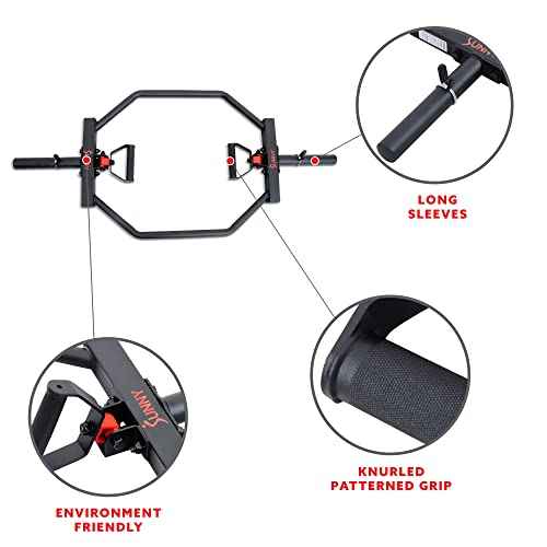 Sunny Health & Fitness Strength Training Olympic Hex Bar Barbell, High Load Capacity, Swivel Handles, Safety Clips, Knurled Handles for Deadlifts, Shoulder Presses, Shrugs, Back Rows, Weightlifting