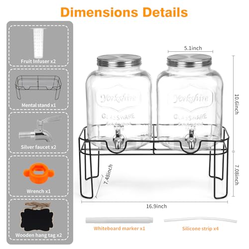 1.6 Gallon Glass Drink dispenser, 2 PCS Beverage Dispenser With Stand, Lemonade Dispenser with Stainless Steel Spigot,Drin...