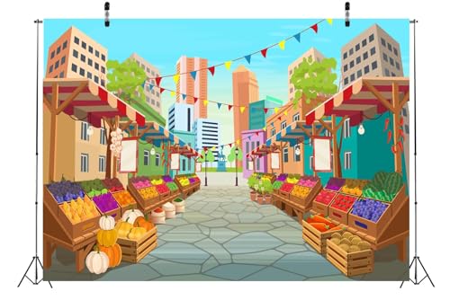 BELECO 5x3ft Fabric Cartoon Farmers Market Backdrop Fresh Farm Vegetables and Fruits, Farmers Market Stall Background for ...