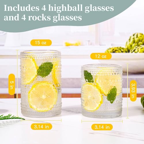 JPPSUJJ Vintage Hobnail Drinking Glasses Set of 8，15 oz Highball Glasses & 12 oz Cocktail Glasses，Drinkware Kitchen Glasse...
