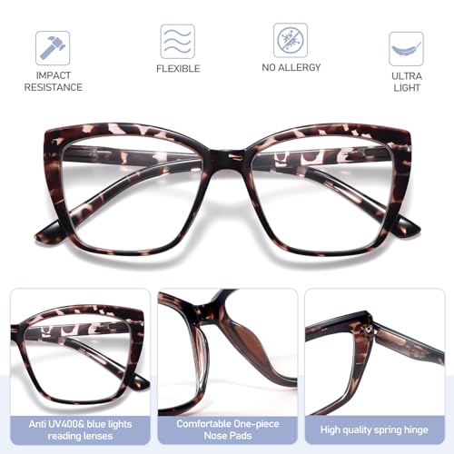 ORANZI Reading Glasses Women, 3 pack Fashion Oversized Blue Light Readers Women, Spring Hinge Cat Eye Glasses Anti Eyestrain