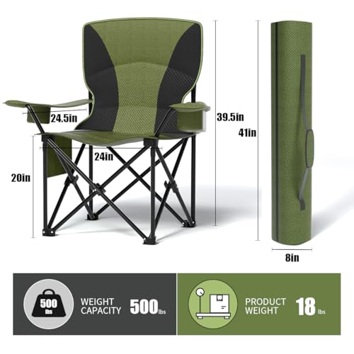 Heavy Duty Folding Chair 500LB Capacity, Oversized Camping Chairs with Cup Holder, Cooler Bag & Storage Pouch, Double-Laye...