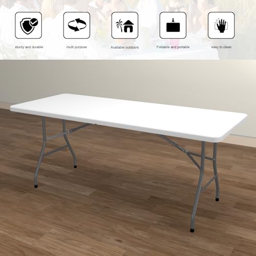 HUZJIEHUI 70.8" W X 29" D X 29" H - 6 ft Folding Table White Portable Heavy Duty Plastic Fold-in-Half Utility Foldable Tab...