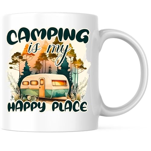 Bliss Monkey Co. Camping is My Happy Place Coffee Mug - Adventure Camper Mug - Outdoor Enthusiast 11 Ounce Coffee Cup - Pr...