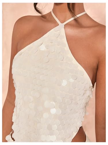 SweatyRocks Women's Sexy Sequin Halter Tops Crisscross Tie Backless Asymmetrical Party Top
