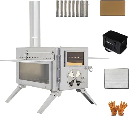Dandelion shell Portable Camping Wood Stove with View Glass and Cooking Function, 8 Stainless Steel Chimneys for Shelter, ...