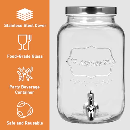 Moretoes Glass Drinks Dispenser for Parties, 2 PACK 1 Gallon Beverage Dispenser with Stand for Juice and Iced Tea, Water J...