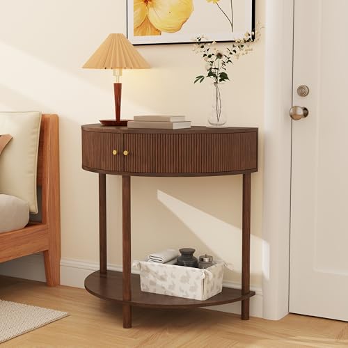 Half Moon Fluted Console Table for Narrow Entryway, Boho Wood Side Coffee Table with Storage, Accent Table for Small Spaces, Decorative Furniture for Living Room Hallway Foyer Entrance (Brown)